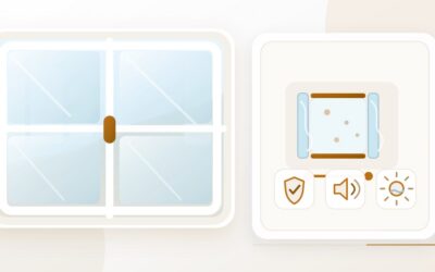 انواع شیشه دوجداره برای پنجره UPVC؛ نمایش ساختار دولایه شیشه، فاصله عایق و مزایای امنیت، عایق صوتی و کنترل حرارت